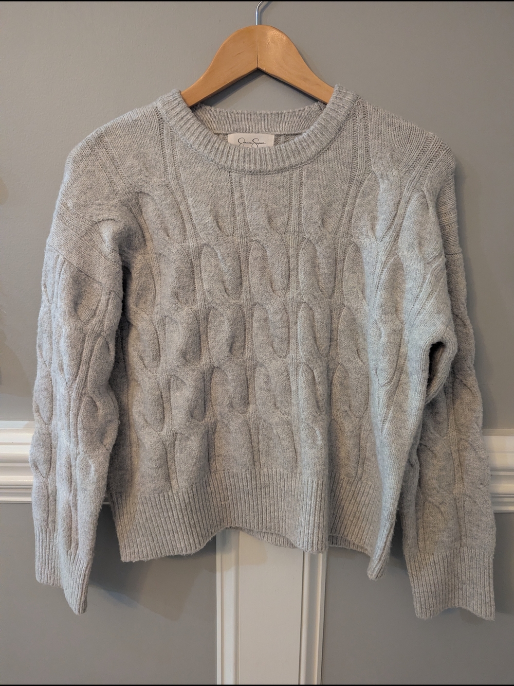 Jessica Simpson Light Gray Cable Knit Crewneck Sweater